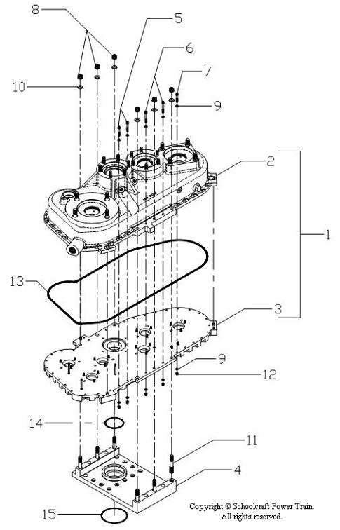 Exploded view of accessory gearbox housing