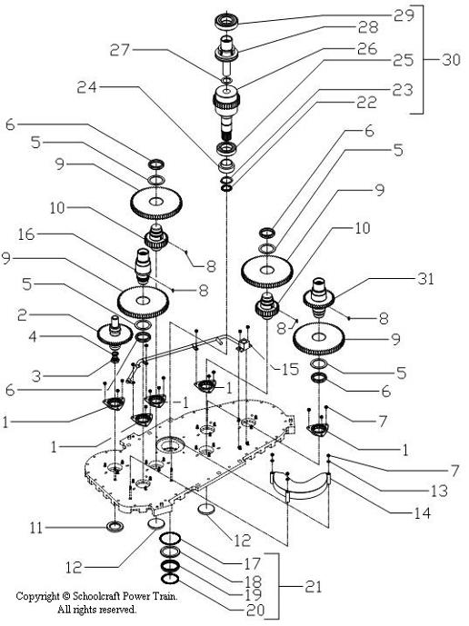 Exploded view of accessory gearbox cover plate components