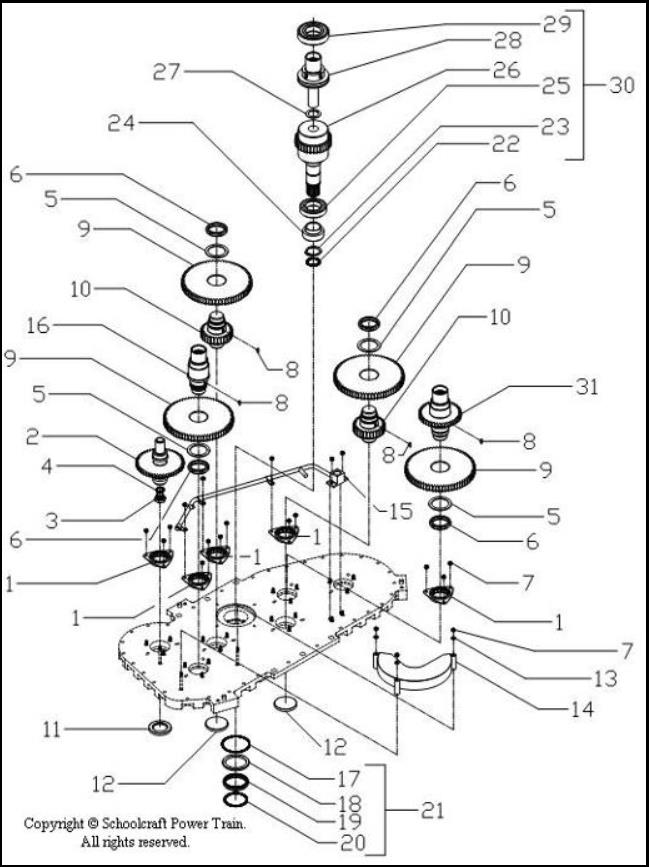 Exploded view of accessory gearbox cover plate components